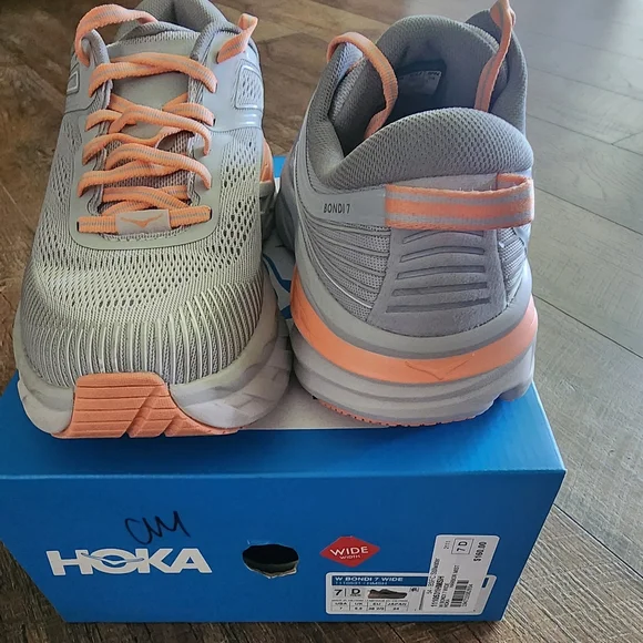 HOKA Women's Bondi 7 Running Shoes - Gray and Orange - Picture 2 of 7